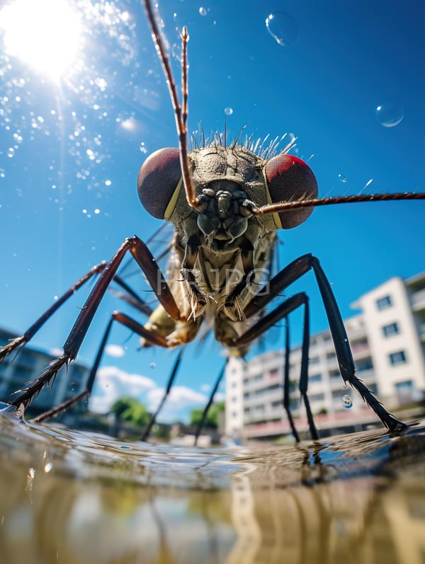 High Resolution: Mosquito large red compound eyes long antennae detailed textured body standing reflective surface water droplets visible bright blue download. | HRJPG.com