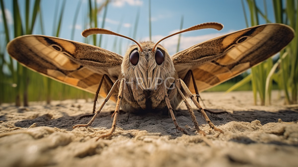 High Resolution: Moth large brown beige wings prominent antennae large dark eyes resting sandy ground Tall green grass blades clear blue sky and download. | HRJPG.com