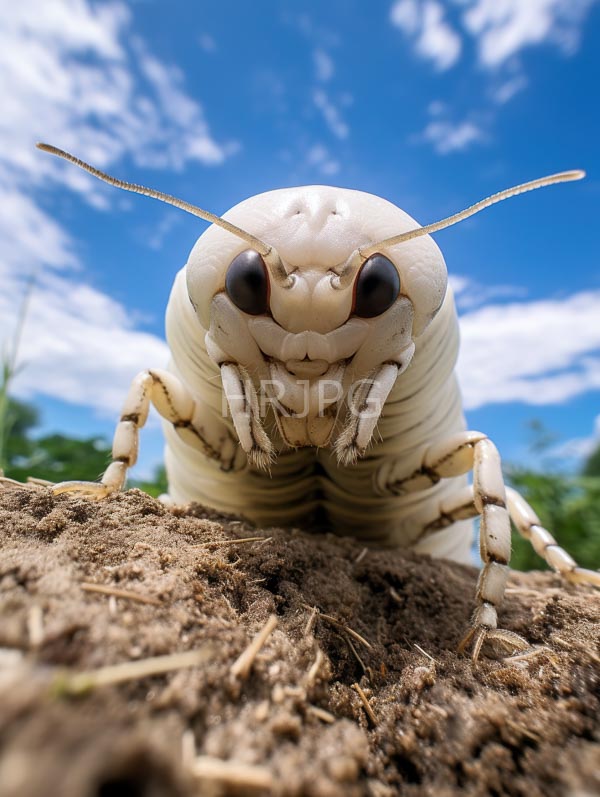 High Resolution: Pale cream-colored cockroach large dark compound eyes long slender antennae standing patch dry soil bright blue sky scattered white download. | HRJPG.com
