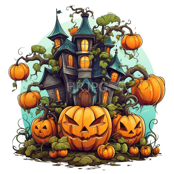 High Resolution: Whimsical dark gray fairy-tale style house pointed teal roofs surrounded twisted vines large vibrant orange pumpkins house glowing download. | HRJPG.com