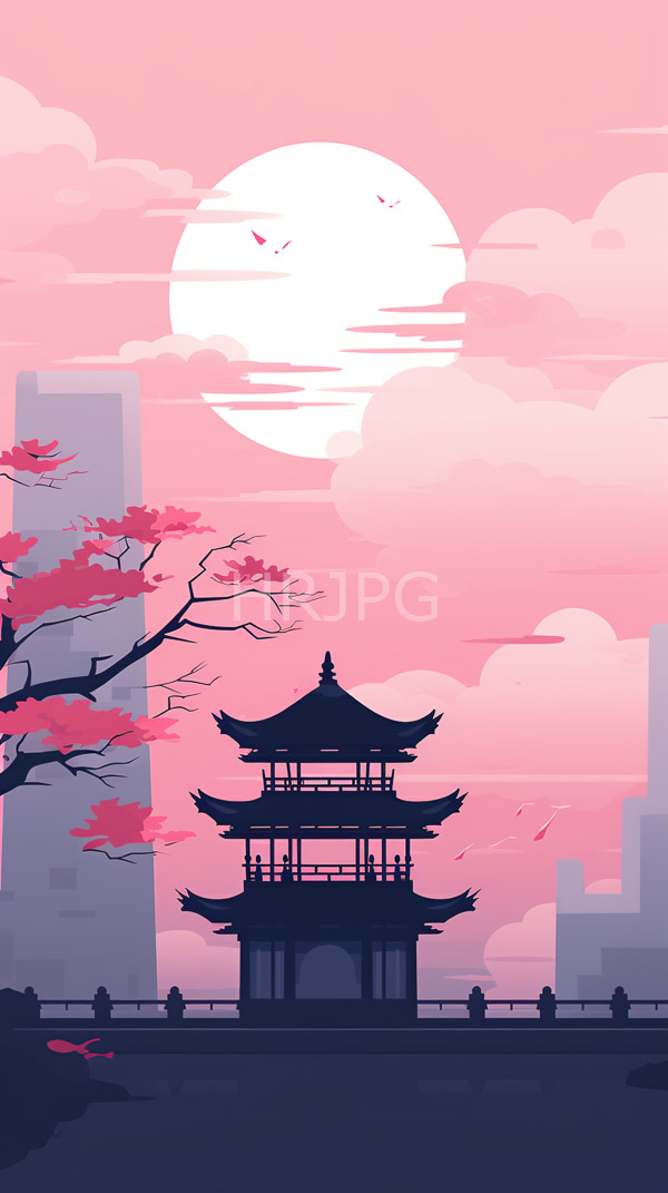 High Resolution: Traditional Japanese pagoda silhouetted against pink sunset sky large glowing sun scattered clouds Pink cherry blossoms tree frame left download. | HRJPG.com