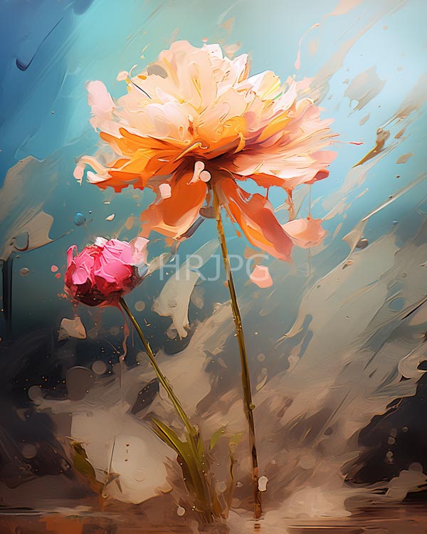 High Resolution: Two flowers large orange-peach bloom delicate petals smaller pink bud green stems set against dynamic abstract blue beige and brown download. | HRJPG.com