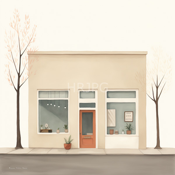 High Resolution: Minimalist beige single-story storefront wooden door large windows potted plants Two leafless trees flank building "Open" sign visible download. | HRJPG.com