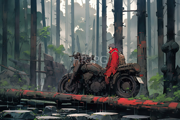 High Resolution: Lone wolf-like humanoid red coat standing beside heavily-laden vintage motorcycle dense misty forest filled tall slender trees and scattered download. | HRJPG.com