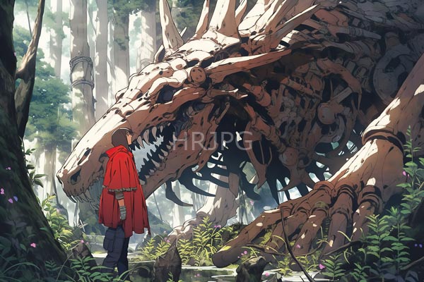 High Resolution: Forest scene man red cloak standing massive skeletal dragon intricate bone details man bald head faces dragon which download. | HRJPG.com
