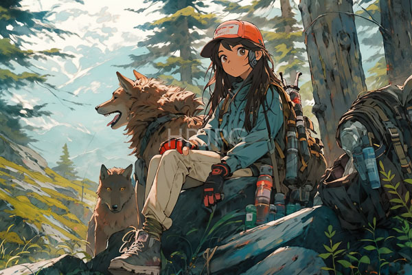 High Resolution: Anime-style young woman long brown hair wearing red cap blue hoodie beige pants red gloves sitting rock forest She download. | HRJPG.com