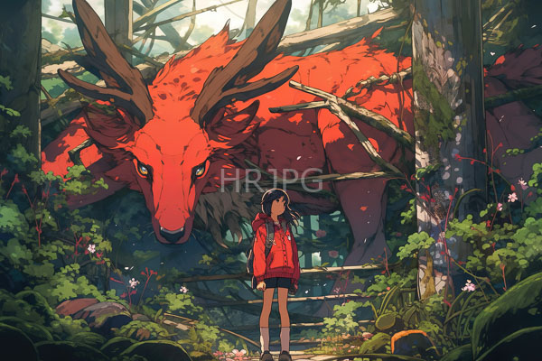 High Resolution: Anime-style young girl dark hair wearing red jacket black skirt white socks standing lush forest massive red antlered creature download. | HRJPG.com