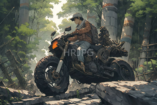 High Resolution: Young man short black hair wearing brown plaid jacket white shirt blue jeans cap riding rugged black off-road motorcycle download. | HRJPG.com