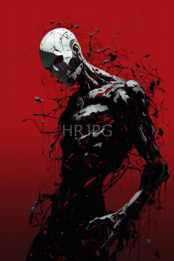 High Resolution: Skeletal humanoid figure bald head exposed ribcage standing against solid red figure's black glossy textured skin appears to download. | HRJPG.com