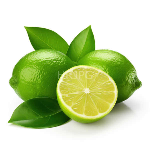 High Resolution: Three vibrant green lemons textured glossy skins accompanied three fresh glossy green leaves One lemon halved revealing bright yellow download. | HRJPG.com