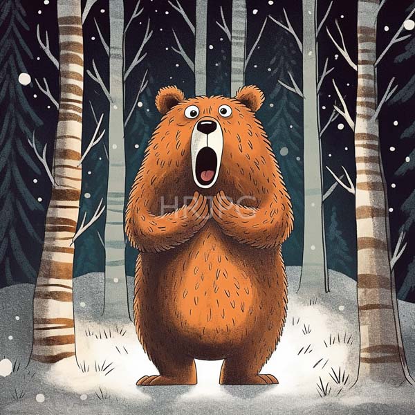 High Resolution: Cartoon surprised brown bear standing its hind legs snowy forest bear has wide-open mouth raised front paws expressive eyes download. | HRJPG.com