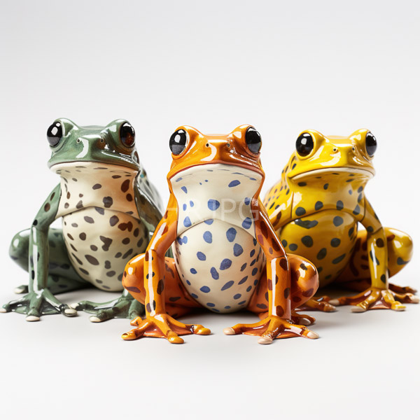 High Resolution: Three colorful ceramic frogs each distinct patterns left frog green dark green spots center frog orange blue spots right download. | HRJPG.com