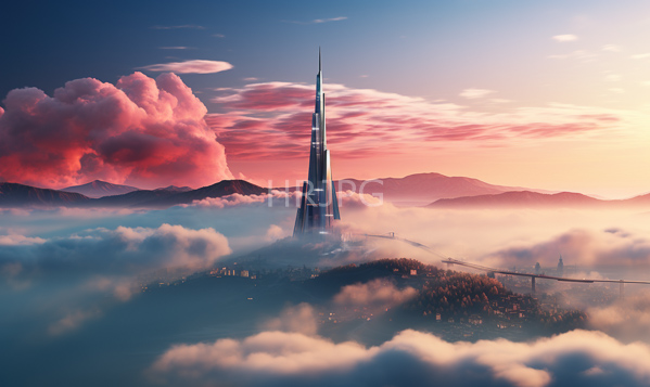 High Resolution: futuristic skyscraper sleek and triangular in design pierces through a sea of clouds at sunrise with the sky painted in pink and orange hues accompanied by dramatic fluffy clouds download. | HRJPG.com