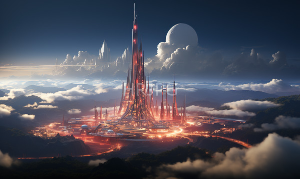 High Resolution: Futuristic towering red and black structure glowing red lights centered cloud-filled sky Surrounding structure are smaller similarly lit spires large download. | HRJPG.com