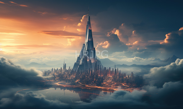 High Resolution: structure glowing with red lights stands centered in a cloud-filled sky. Smaller similarly lit spires surround the main structure. download. | HRJPG.com