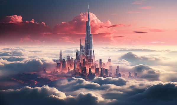 High Resolution: towering pyramid-shaped skyscraper dominates the center with the city encircled by a reflective waterway illuminated by the warm orange light of the sunset and scattered clouds download. | HRJPG.com