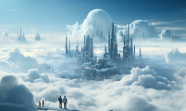 High Resolution: Futuristic cityscape floating among fluffy clouds Three figures two adults child stand cloud-covered platform foreground city towering sleek skyscrapers download. | HRJPG.com