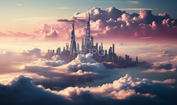 High Resolution: Futuristic cityscape viewed from above surrounded fluffy pink-tinged clouds sunset city multiple towering slender skyscrapers distinct pointed spires download. | HRJPG.com