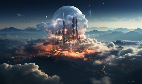 High Resolution: city floating on a mountain peak is enveloped in clouds illuminated by warm orange lights with towering skyscrapers and intricate structures glowing brightly download. | HRJPG.com