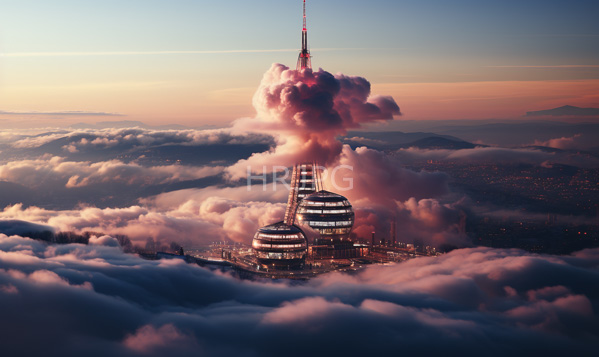 High Resolution: two glass-domed structures and a tall slender spire is partially obscured by pink-tinged clouds the building illuminated by warm lights against the backdrop download. | HRJPG.com