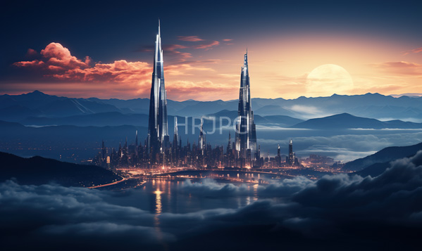 High Resolution: cityscape at sunset showcases two towering sleek skyscrapers with illuminated spires the city surrounded by mist-covered mountains and a reflective lake under a gradient sky download. | HRJPG.com