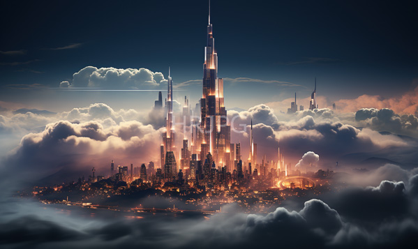 High Resolution: towering skyscrapers illuminated by warm orange lights rise through a layer of fluffy illuminated clouds with smaller buildings centered within the city download. | HRJPG.com