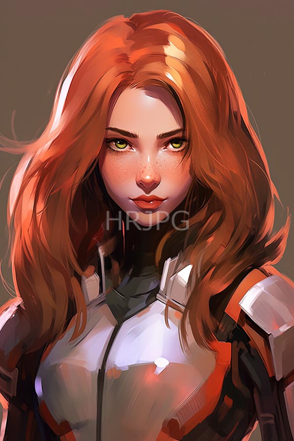 High Resolution: Young woman long wavy auburn hair green eyes freckles She wears futuristic armored suit silver red accents simple download. | HRJPG.com