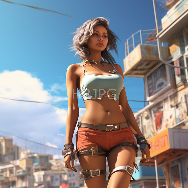 High Resolution: Confident athletic woman light brown skin silver hair wearing torn light blue crop top orange shorts multiple belts download. | HRJPG.com