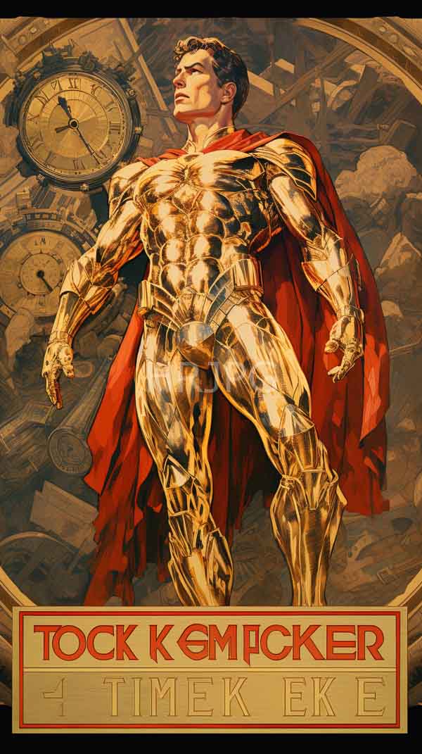 High Resolution: Muscular golden-skinned superhero defined abs and biceps wearing red cape He stands confidently looking upward large vintage clock gears Text download. | HRJPG.com
