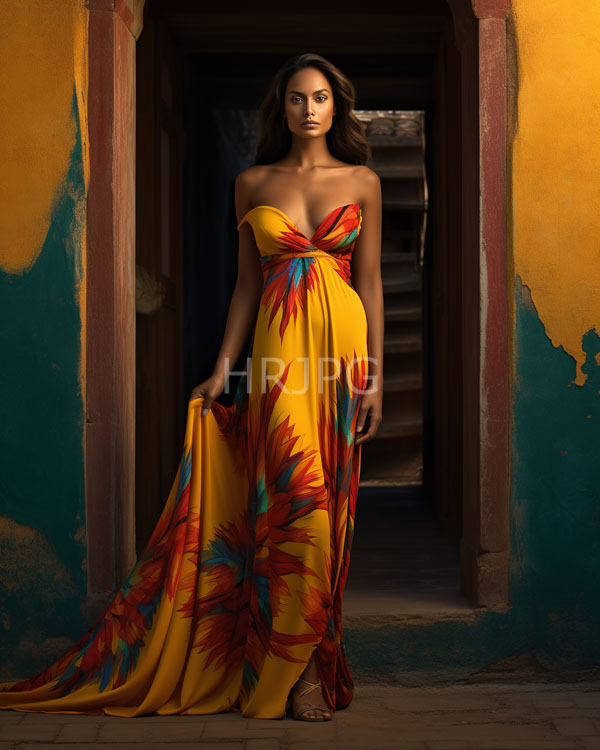 High Resolution: Tall dark-skinned woman long wavy brown hair standing doorway She wears strapless yellow dress red and blue floral patterns revealing download. | HRJPG.com