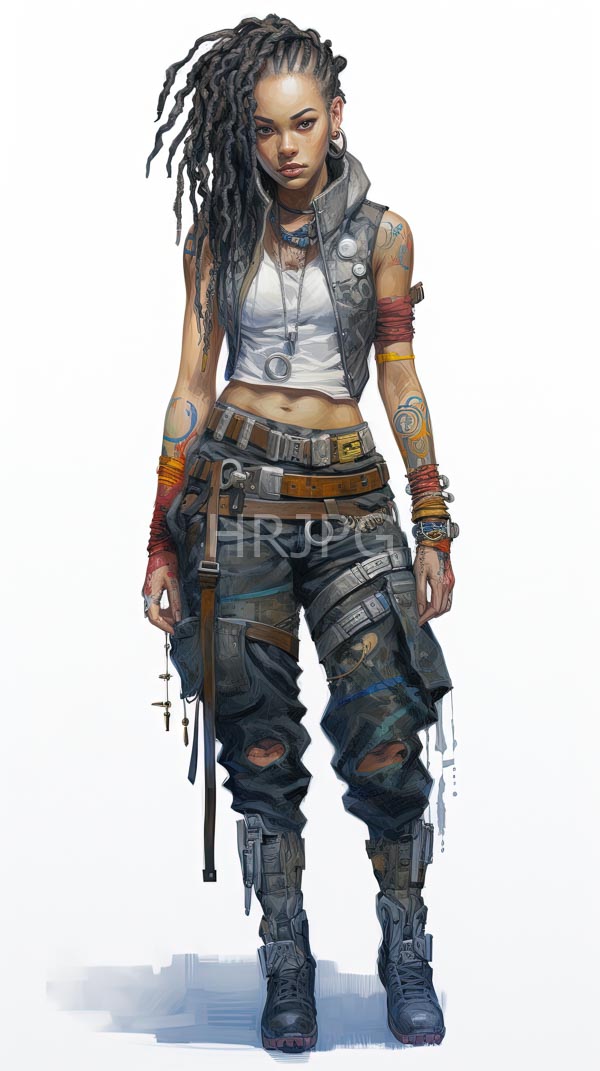 High Resolution: Muscular dark-skinned woman long twisted dreadlocks She wears white crop top gray sleeveless vest heavily torn cargo pants multiple download. | HRJPG.com