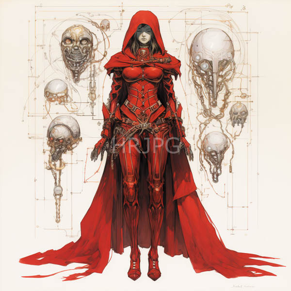 High Resolution: Dark-haired woman red hooded corset-like armor long cape She stands centered hands by her sides surrounded detailed skeletal sketches download. | HRJPG.com
