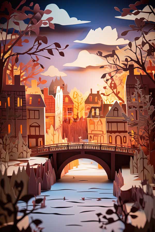 High Resolution: Picturesque stylized European town sunset scene stone bridge arching over calm river warm orange and pink hues illuminating buildings Leafless download. | HRJPG.com
