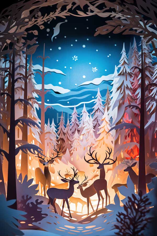 High Resolution: Snowy forest night five silhouetted deer prominent antlers standing glowing orange campfire tall snow-covered pine trees starry sky download. | HRJPG.com