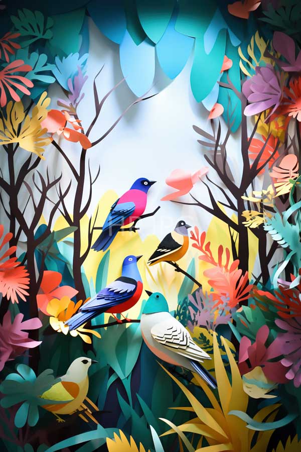 High Resolution: Vibrant colorful forest scene various birds perched among multicolored abstract leaves and flowers Birds include blue and pink bird download. | HRJPG.com