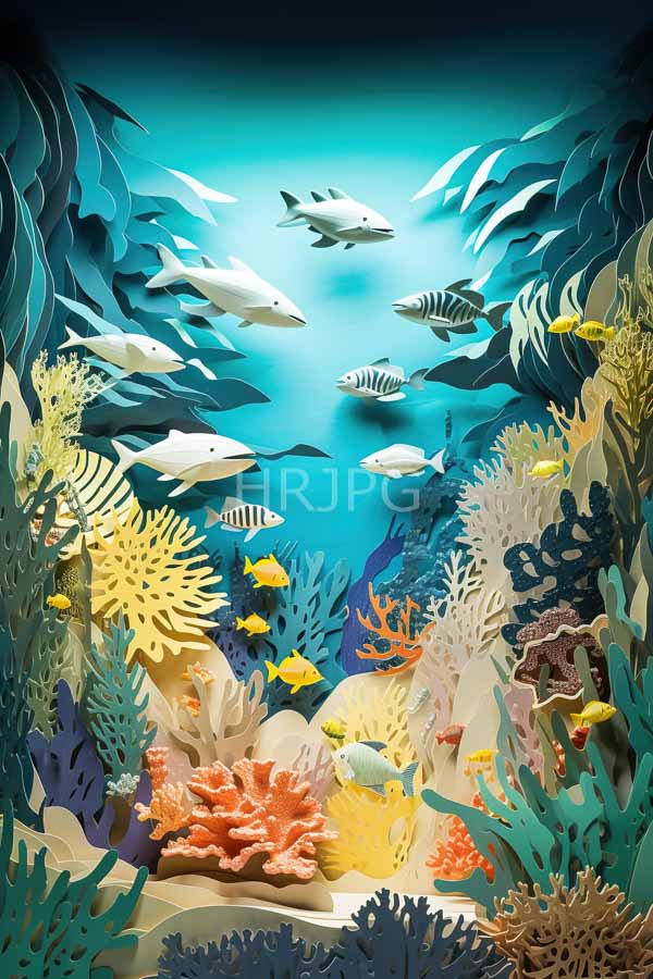 High Resolution: Vibrant underwater scene Various colorful coral species including orange yellow blue fill foreground school white and gray fish swim download. | HRJPG.com