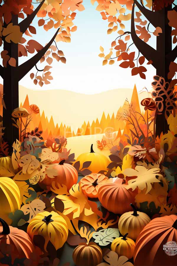 High Resolution: Vibrant autumn forest scene Foreground numerous pumpkins orange yellow red hues surrounded colorful leaves shades yellow orange and download. | HRJPG.com