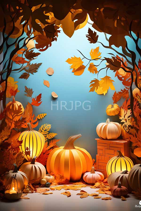 High Resolution: Vibrant autumn scene large glowing pumpkins and lanterns surrounded colorful falling leaves gradient blue orange and brown leaves download. | HRJPG.com