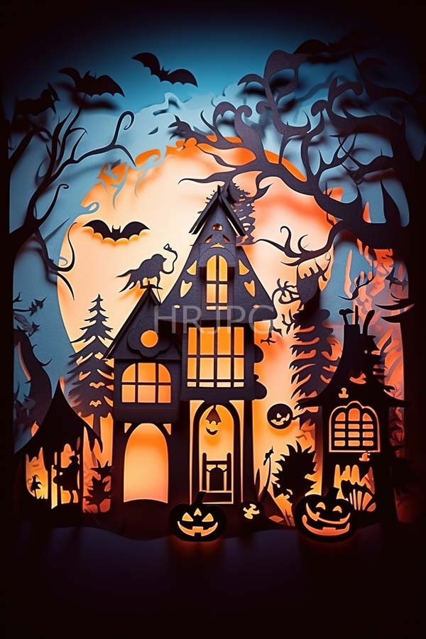 High Resolution: Spooky Halloween scene silhouetted gothic-style haunted house glowing windows house surrounded dark twisted trees and flying bats against download. | HRJPG.com