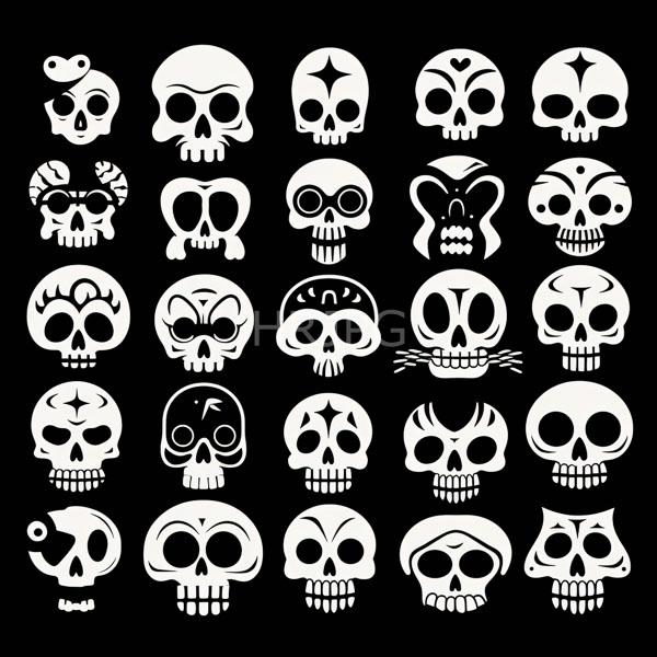 High Resolution: Featuring  white stylized skulls arranged x grid against solid black Each skull has unique decorative elements such as stars download. | HRJPG.com