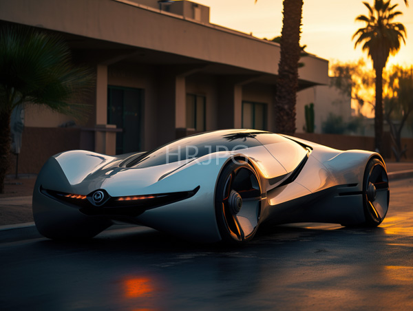 High Resolution: Sleek futuristic silver sports car aerodynamic curves glowing orange headlights parked quiet street sunset car large black-rimmed download. | HRJPG.com