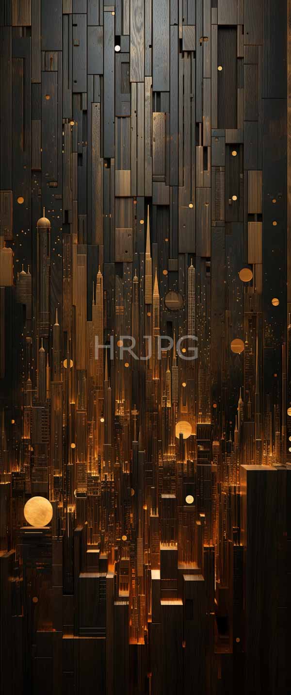 High Resolution: Modern abstract cityscape dense arrangement geometric rectangular cylindrical metallic structures dark bronze gold tones textured dark wall download. | HRJPG.com