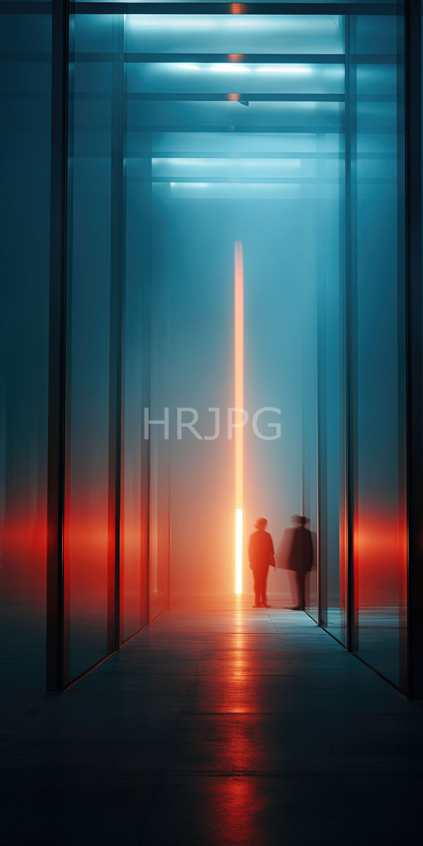 High Resolution: Modern glass-walled corridor blue and red neon light effect Two silhouetted figures one taller one shorter walk away from download. | HRJPG.com