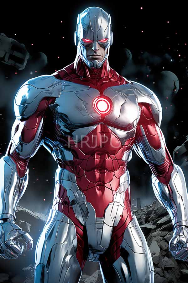 High Resolution: Comic-style muscular bald male superhero sleek silver and red metallic armor suit glowing red circular emblem chest He has red download. | HRJPG.com