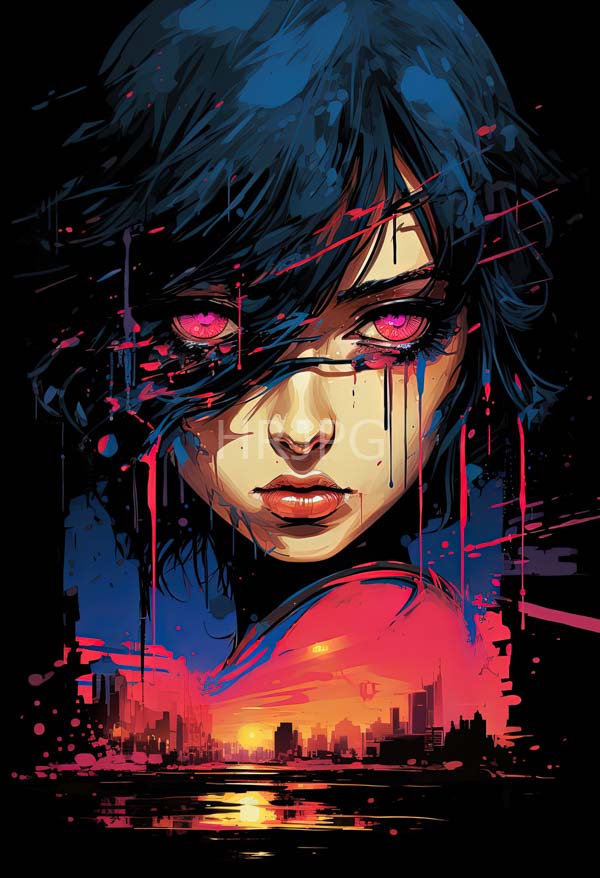 High Resolution: Young woman dark blue messy hair striking pink eyes set against black Her face centered pink and red paint download. | HRJPG.com