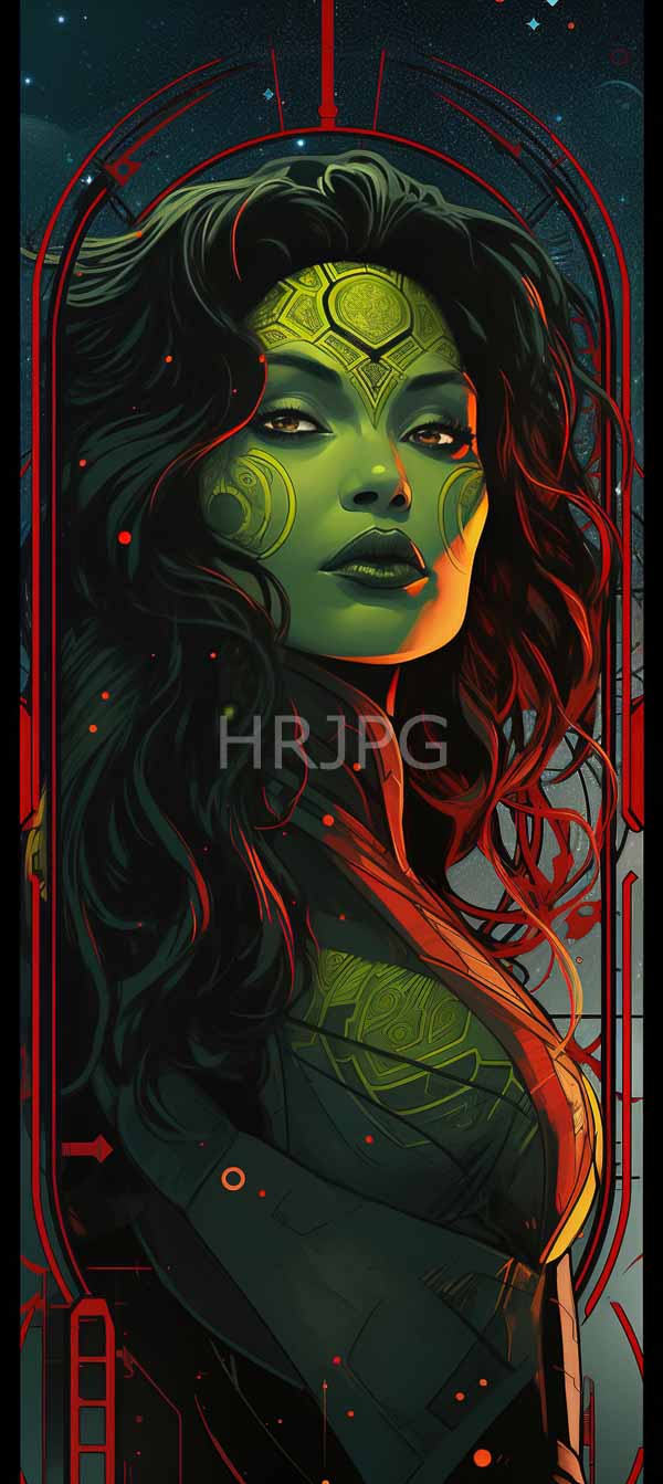 High Resolution: Green-skinned woman long wavy black hair wearing golden headpiece dark patterned top She has glowing yellow markings her face download. | HRJPG.com