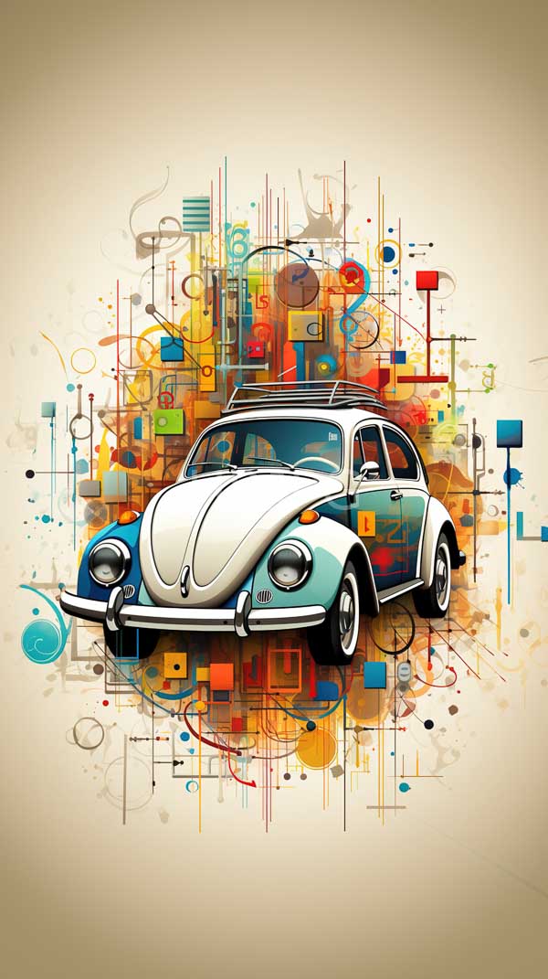 High Resolution: Vintage white and blue Volkswagen Beetle centered against beige car surrounded chaotic colorful abstract pattern geometric shapes lines and download. | HRJPG.com