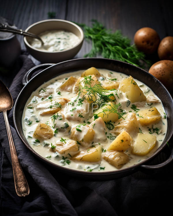 High Resolution: Rustic dark wooden table setting black cast-iron bowl filled creamy potato and chicken stew garnished fresh dill bowl surrounded download. | HRJPG.com
