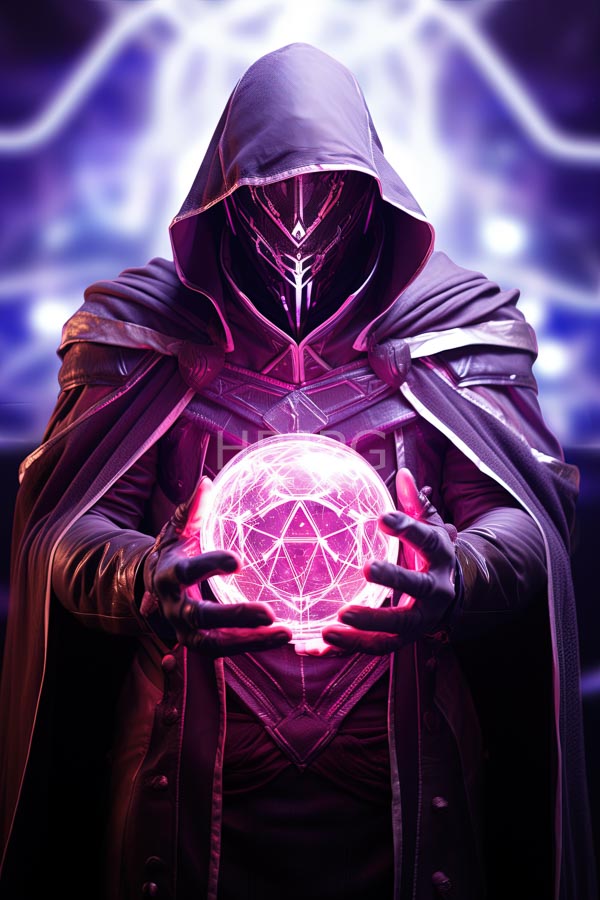 High Resolution: Hooded masked figure dark leather-like robes holding glowing pink geometrically patterned orb figure's mask intricate white symmetrical lines download. | HRJPG.com