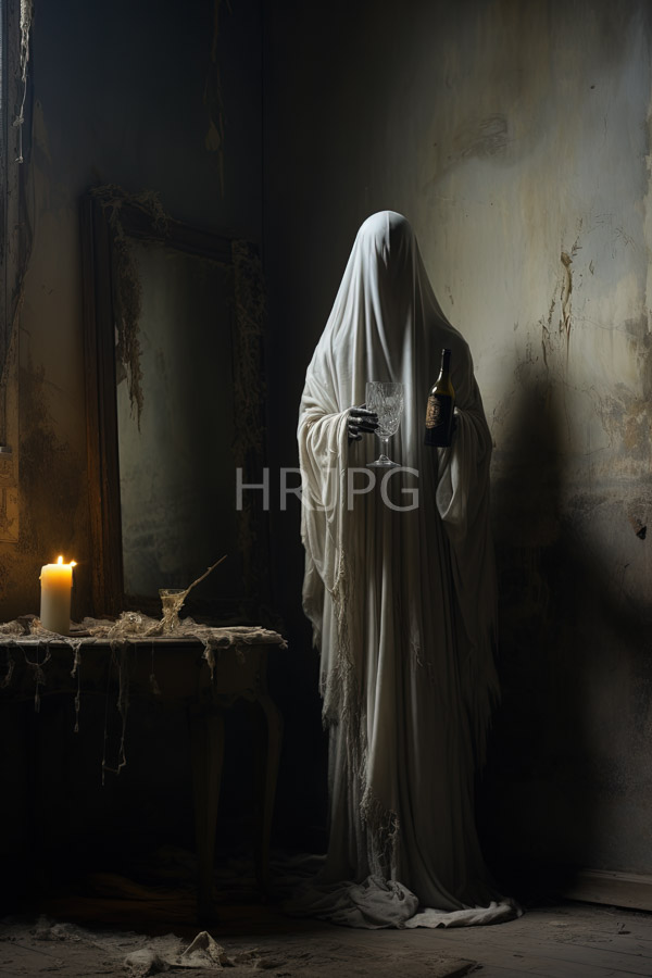 High Resolution: Mysterious figure draped white tattered cloth standing dimly lit decrepit room figure completely obscured face holds small bottle download. | HRJPG.com